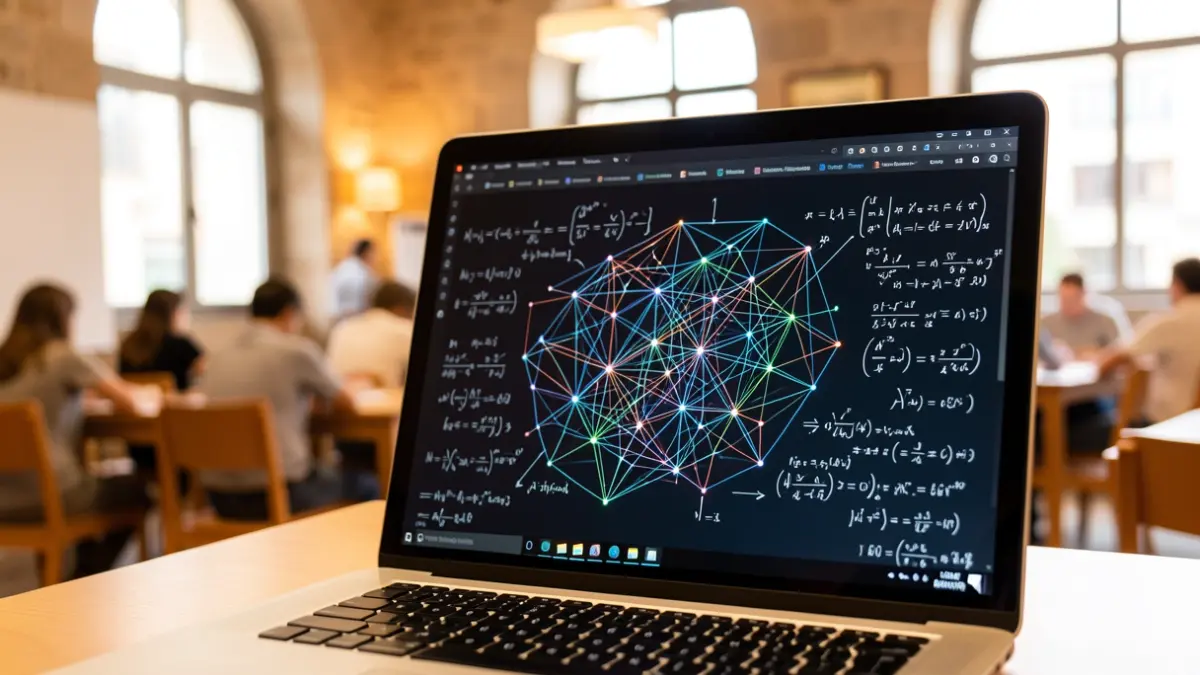 Image of a laptop displaying artificial intelligence graphics and mathematical equations in a university classroom.