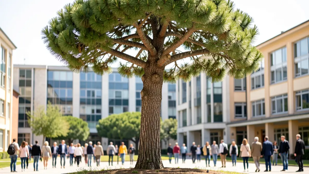 A mature Canary Island pine tree in the courtyard of the University of La Laguna, with academic buildings in the background.