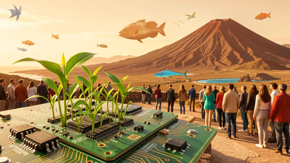 Imagen que representa la innovación y la sostenibilidad en Canarias, con elementos de naturaleza, tecnología y patrimonio.