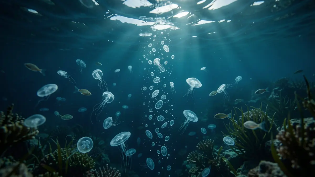 Image of marine plankton under moonlight and CO2 molecules descending.