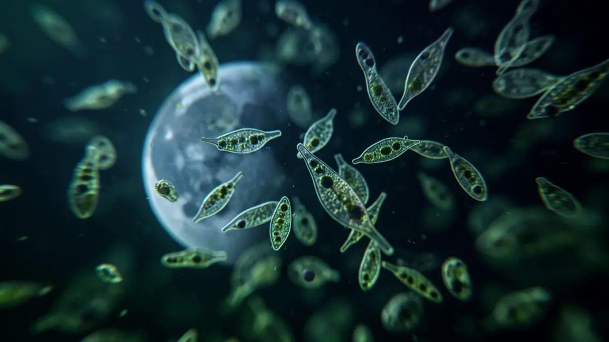 Image of microscopic plankton in deep ocean waters with reflections of lunar phases.