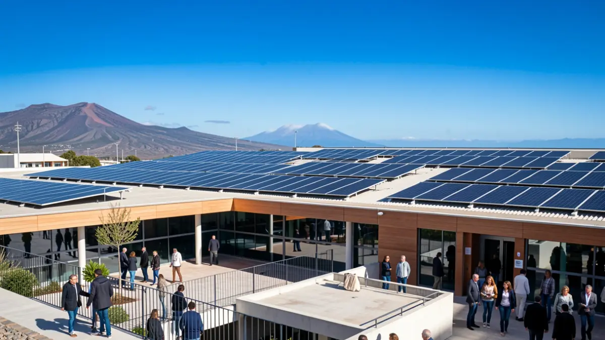 Paneles solares instalados en la cubierta de un edificio universitario en Gran Canaria.