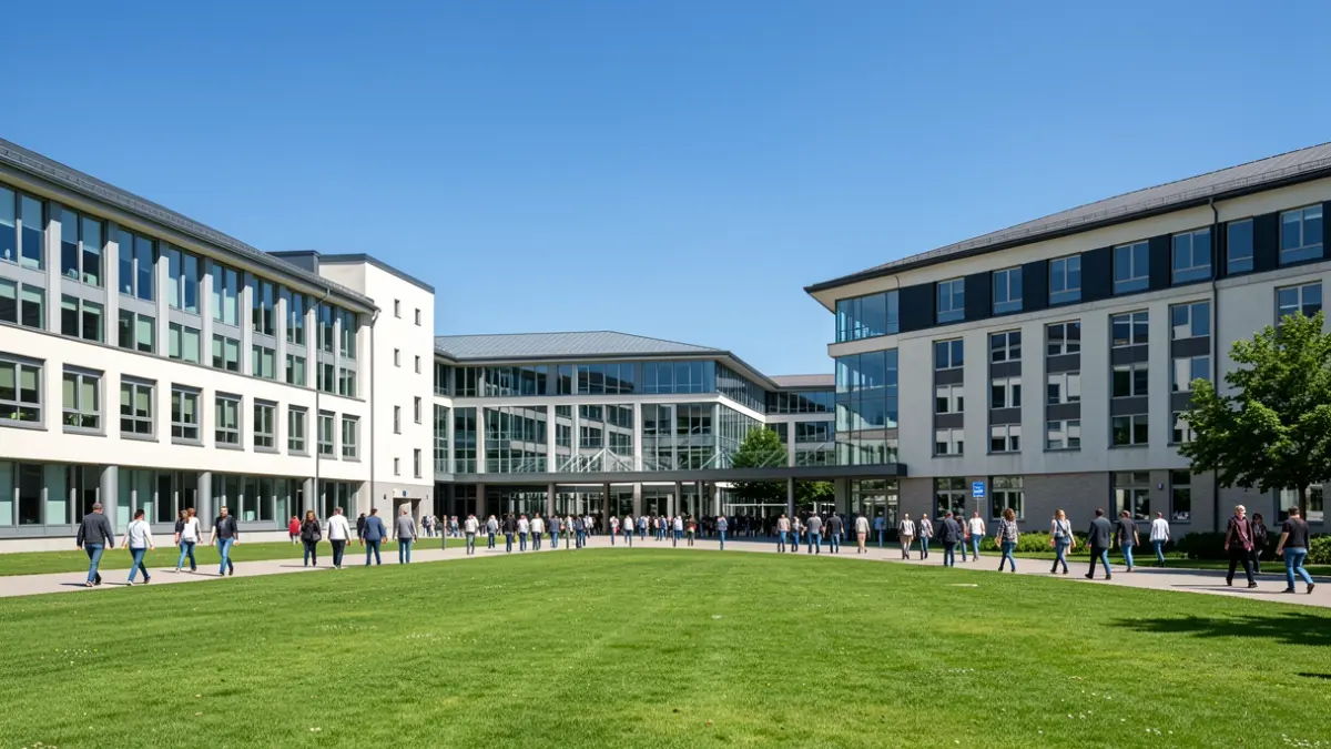 Imagen genérica de un campus universitario con edificios modernos y estudiantes.