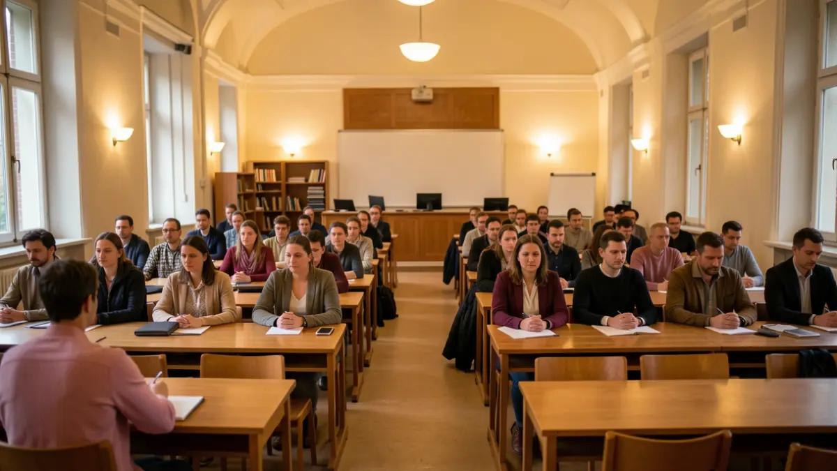 Imagen genérica de un aula universitaria con pupitres de madera y ambiente académico.