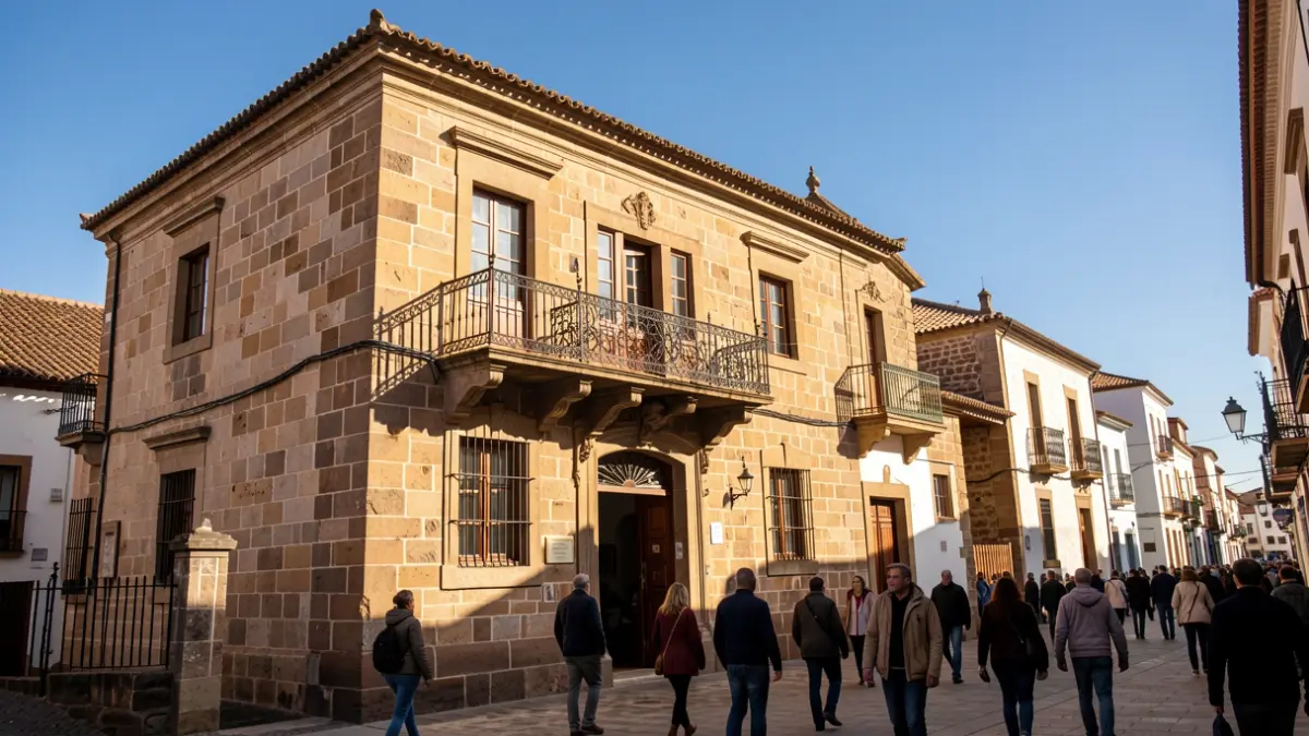 Fachada de un ayuntamiento tradicional canario con balcón y barandillas de hierro, luz cálida de la tarde.