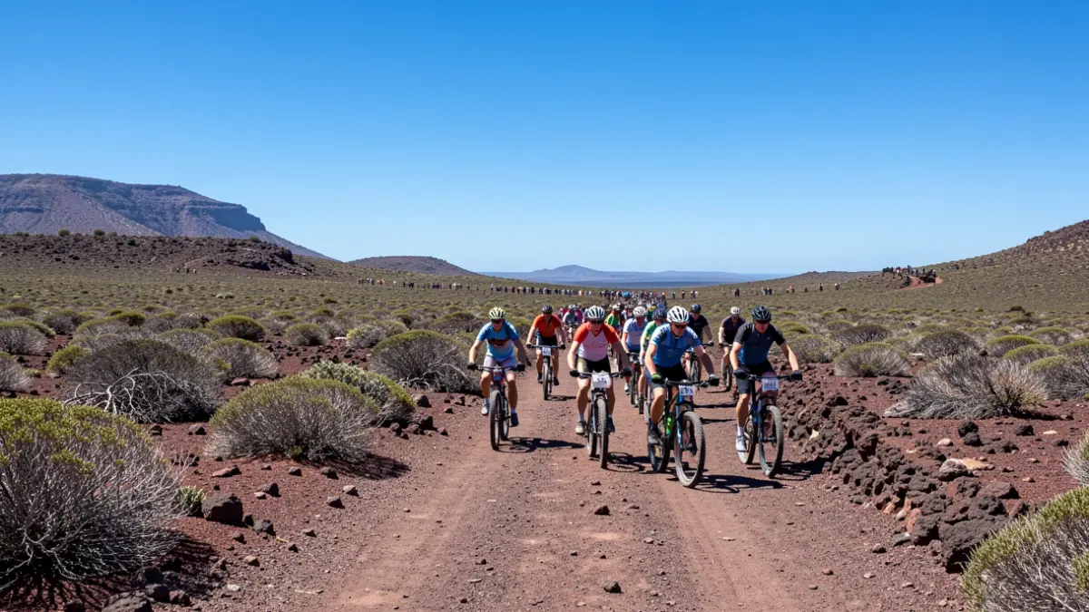 Ciclistas recorriendo un sendero volcánico en Fuerteventura.