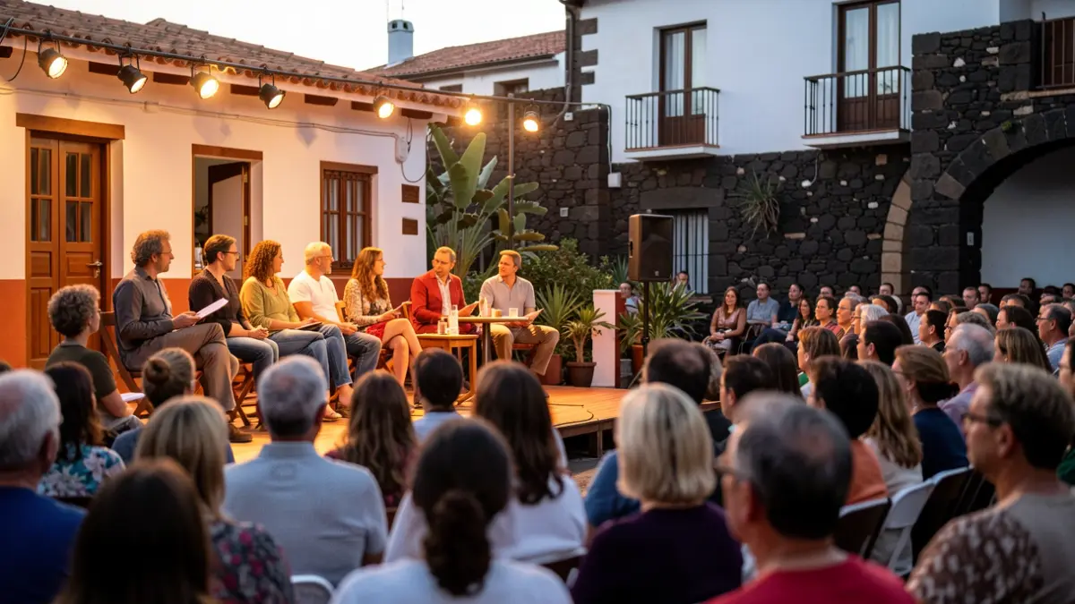 Imagen de narradores en un escenario en Lanzarote durante el Festival Palabras al Vuelo.