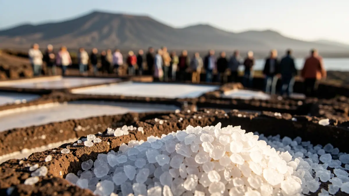 Artisanal sea salt crystals under sunlight, with traditional salt pans and volcanic landscape of Lanzarote in the background.