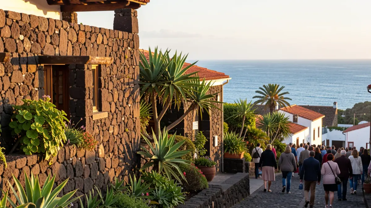 Imagen genérica de arquitectura tradicional canaria con vegetación y mar.