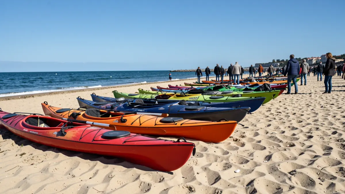 Imagen genérica de kayaks preparados para una competición en la costa.