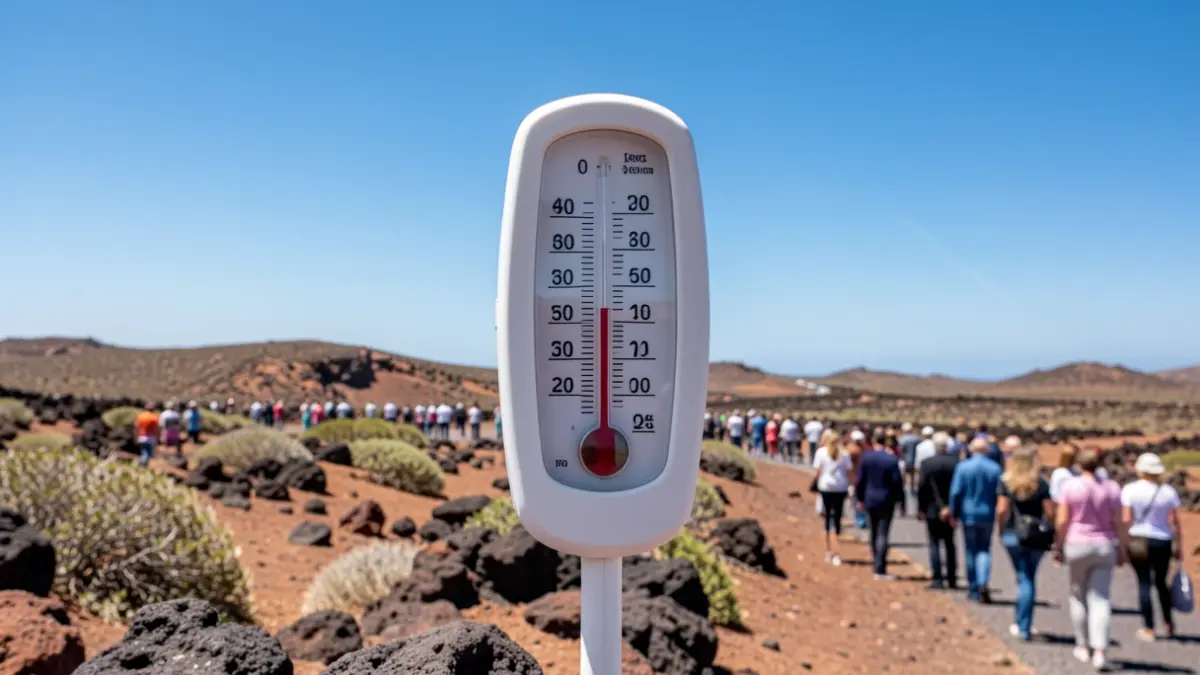 Thermometer showing high temperature in a sunny, arid landscape of Lanzarote.