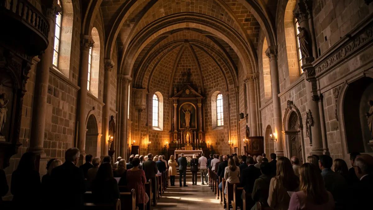 Interior of a historic church in the Canary Islands with architectural details and warm light.