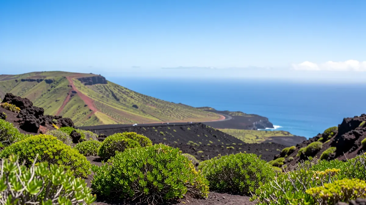 Paisaje genérico de Lanzarote con terreno volcánico y vegetación.