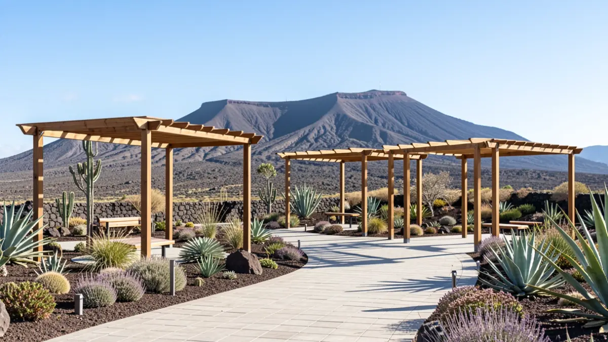 Generic image of a modern and accessible public park in the Canary Islands with native vegetation and shaded areas.