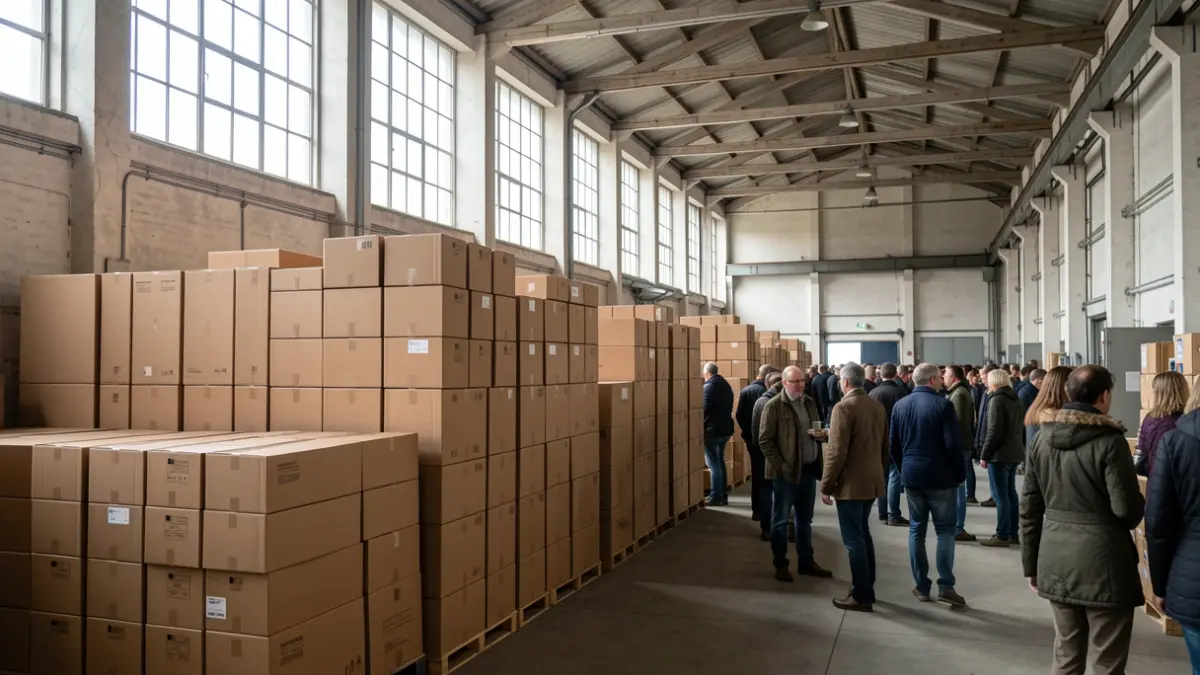 Imagen genérica de cajas de ayuda humanitaria almacenadas en un centro logístico.