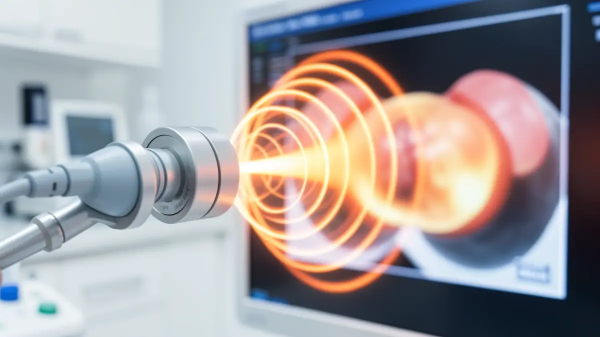 Representación abstracta de energía de microondas apuntando a un mioma uterino en un escáner médico.