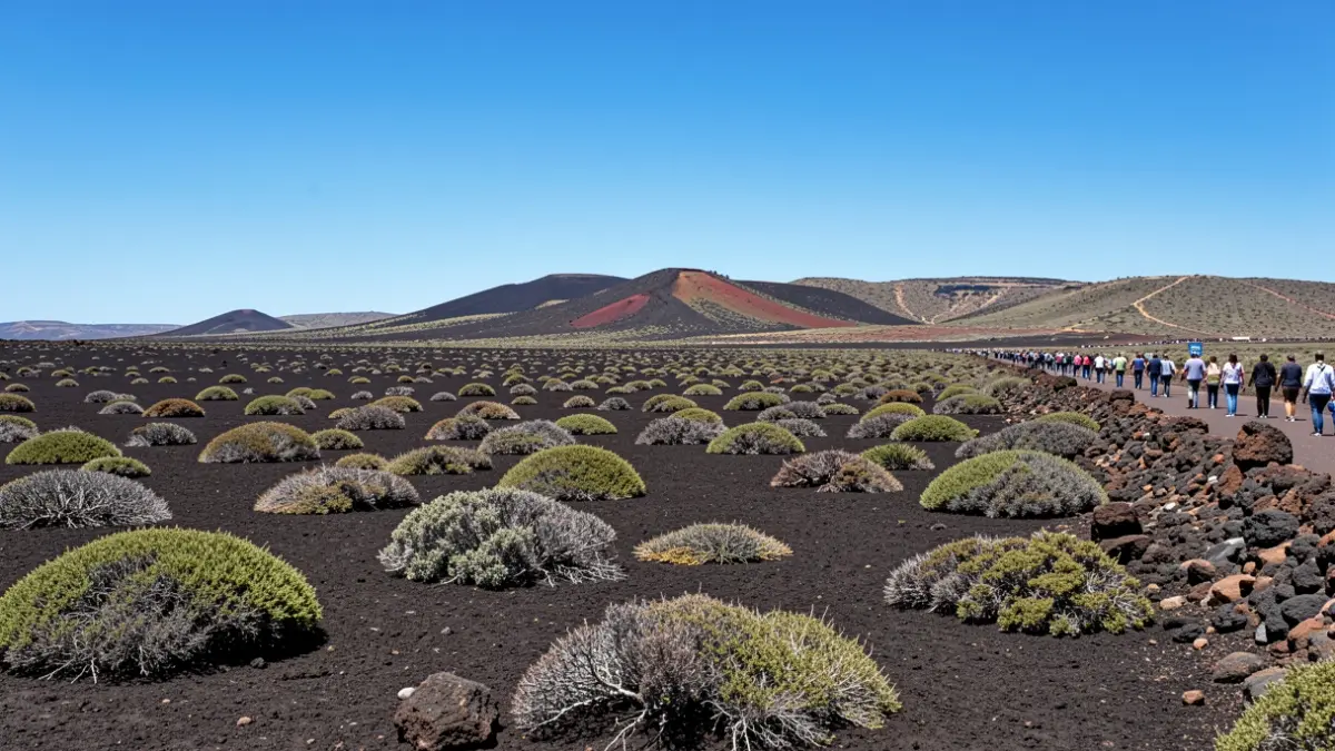 Volcanic landscape of Lanzarote with volcanic soil and sparse vegetation under a blue sky.
