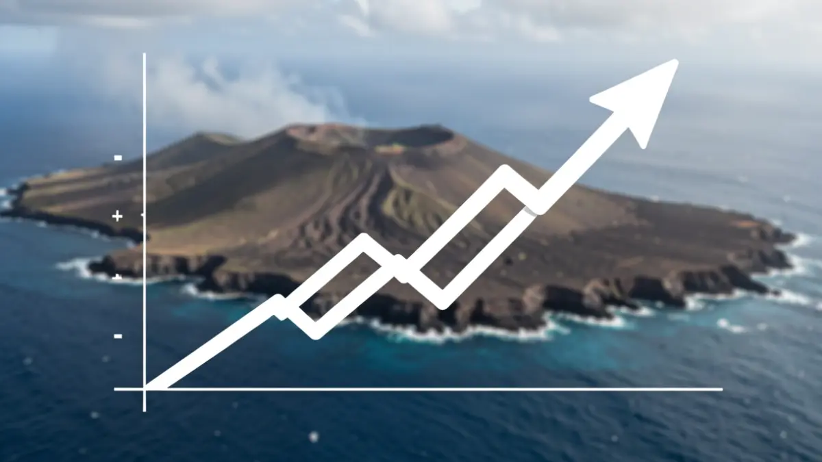 Gráfico estilizado que muestra el crecimiento del censo electoral en Lanzarote sobre un paisaje volcánico.