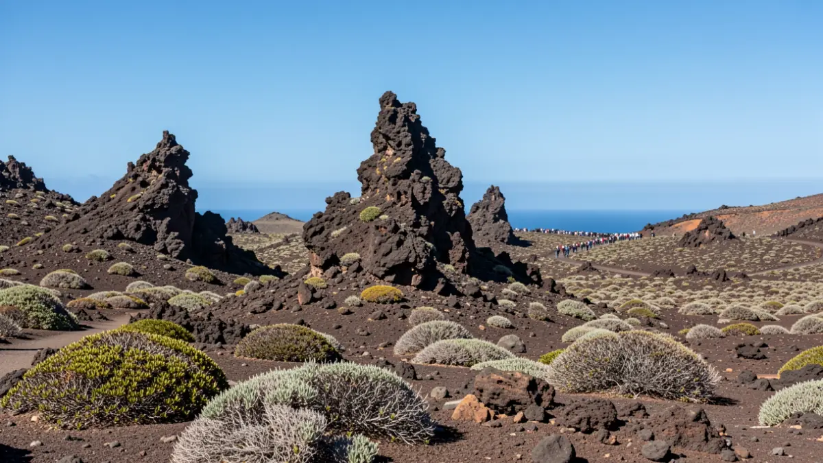 Volcanic landscape of Lanzarote with rock formations and sparse vegetation.
