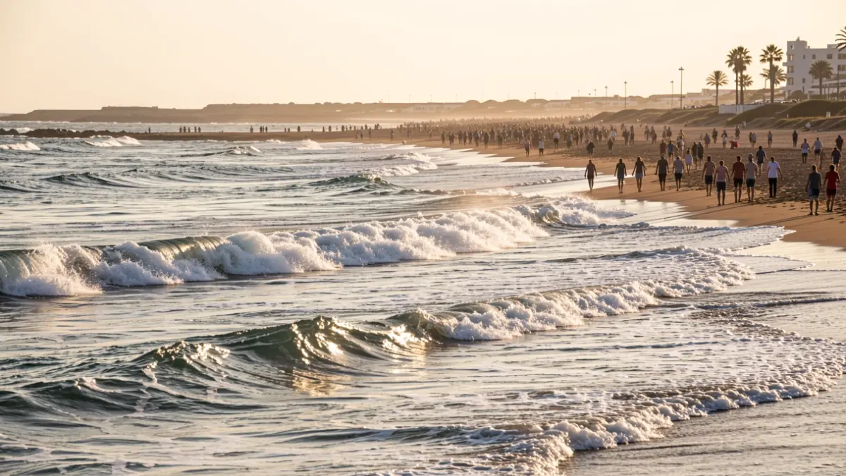 Image of the Lanzarote coast during high tide, reflecting the sunset light.