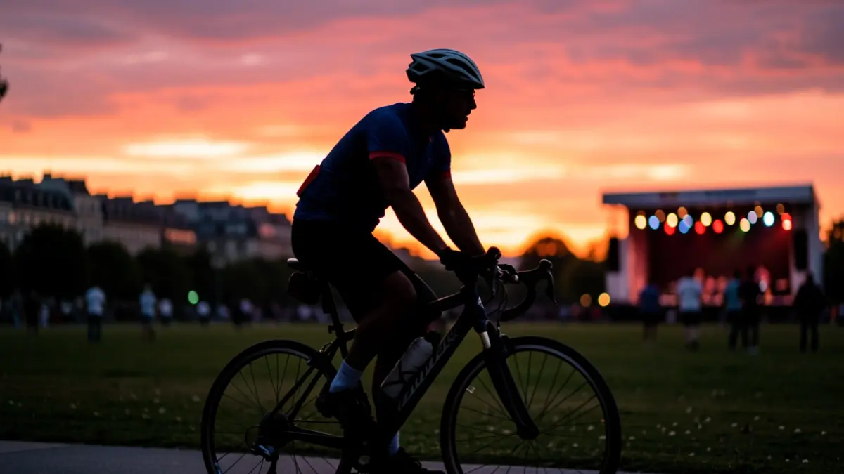 Imagen genérica de un ciclista al atardecer con un parque y un escenario al fondo.