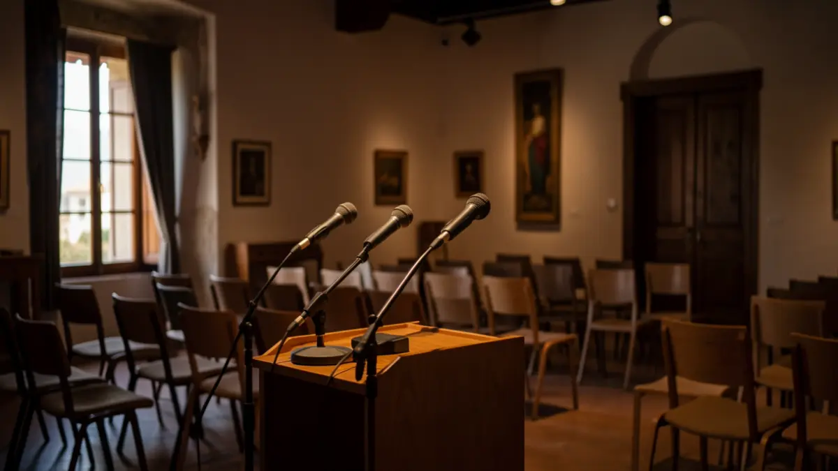 Generic image of a cultural center with a stage set for a presentation.
