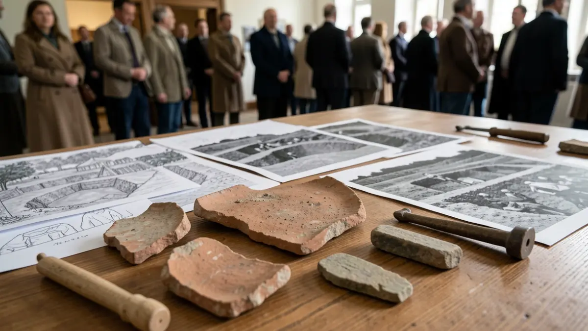 Close-up of ancient pottery shards and stone tools alongside original sketches and archaeological excavation photographs.