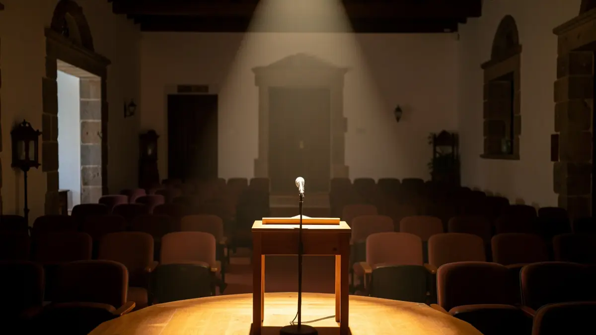 Generic image of a cultural auditorium in the Canary Islands with a microphone on stage.