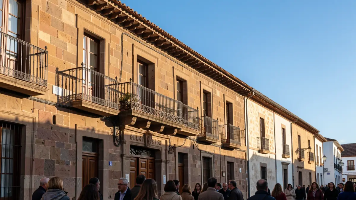 Facade of a traditional Canarian town hall with a balcony and iron railings, warm afternoon light.