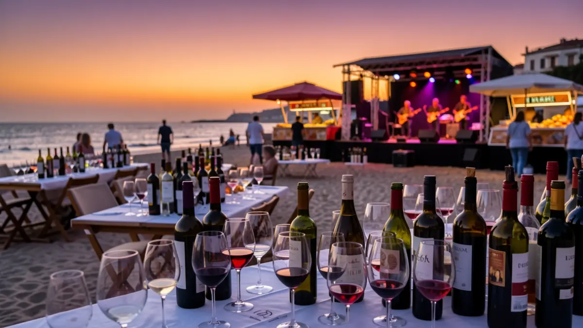 Generic image of an outdoor wine festival on a beach at sunset.