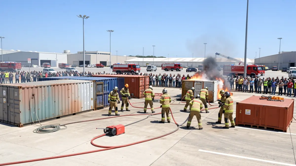 Zona de prácticas de Bomberos Voluntarios de Los Realejos con contenedores adaptados para simulacros.