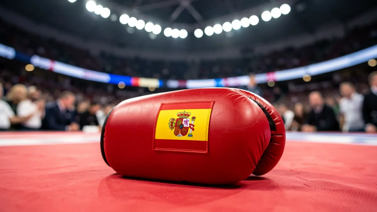 Primer plano de un guante de kickboxing con la bandera de España.