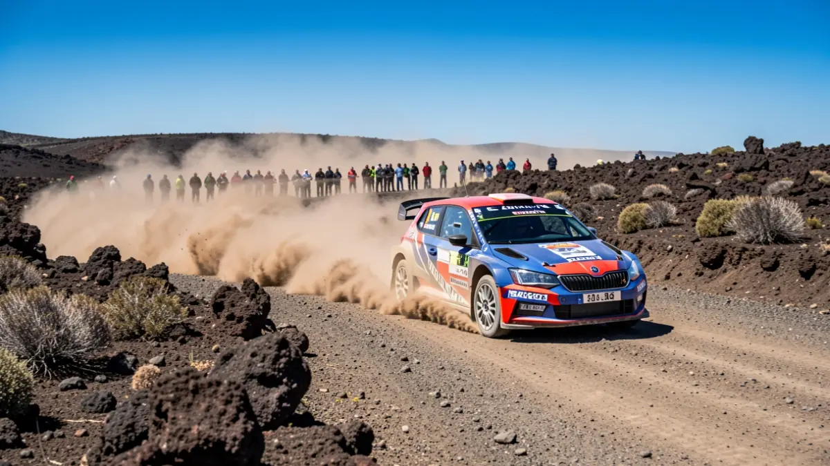 Un coche de rally Skoda Fabia RS Rally2 compitiendo en una carretera polvorienta de La Palma.