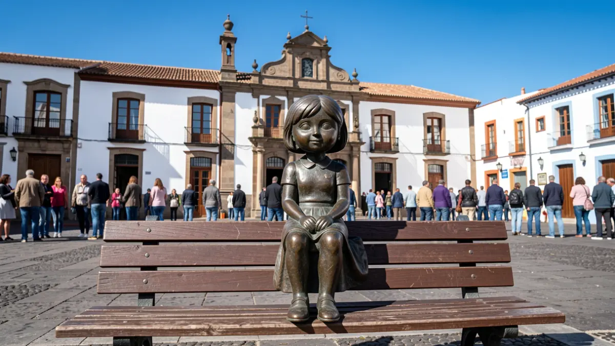 Escultura de Mafalda sentada en un banco municipal en El Sauzal, Tenerife.