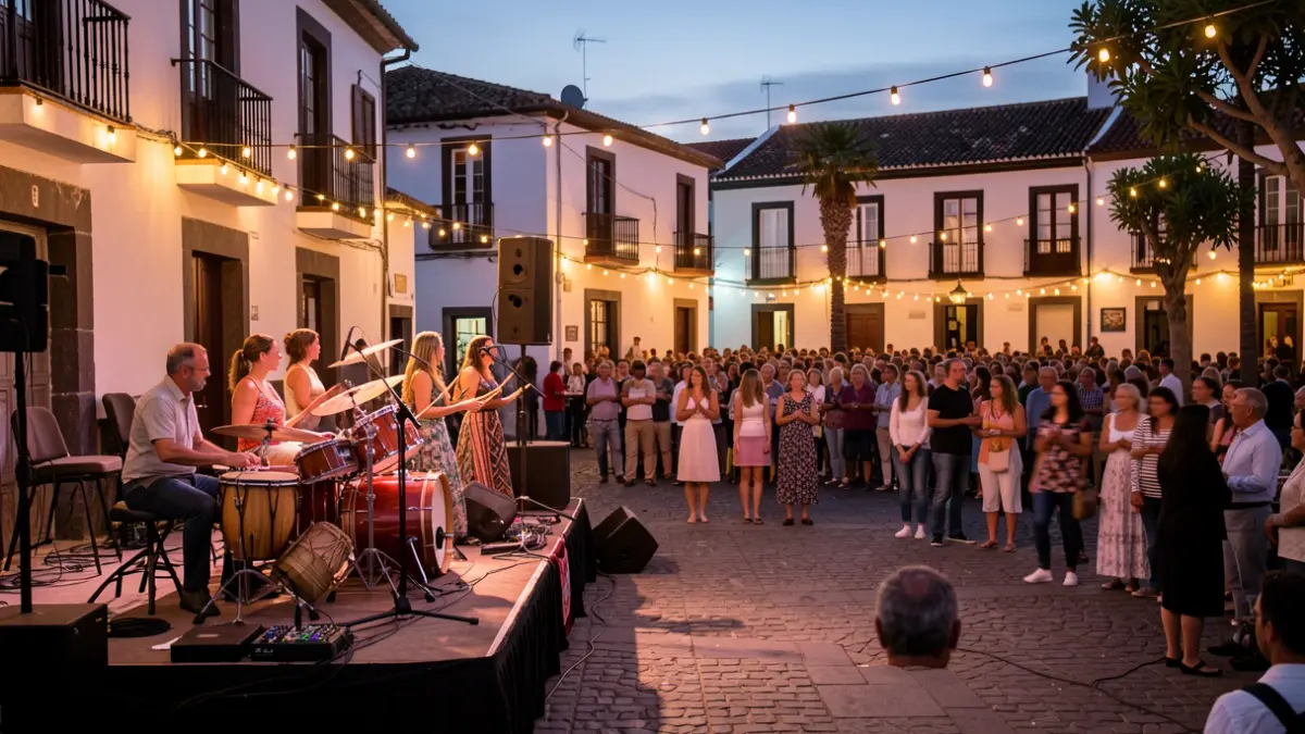 Concierto del grupo Mambisa en la plaza Leoncio Bento de Agulo, La Gomera, con músicos y cantantes en el escenario.