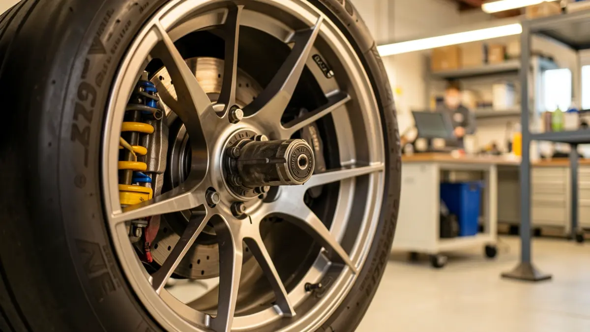 Close-up of a Formula Student car wheel with advanced mechanical details in a laboratory.