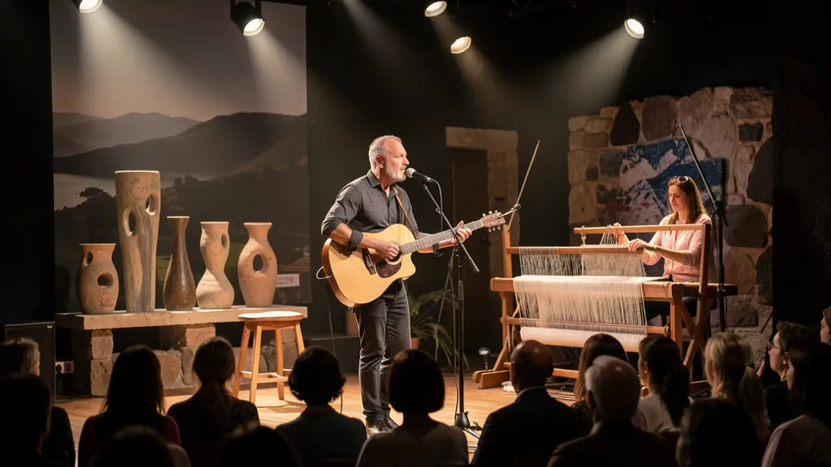 Image of a singer-songwriter on stage with a textile artist.