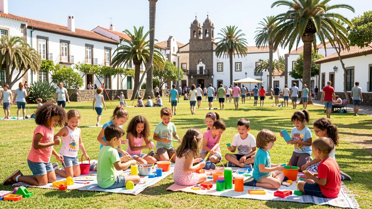 Generic image of children participating in summer camp activities in a sunny setting with Canarian architecture.