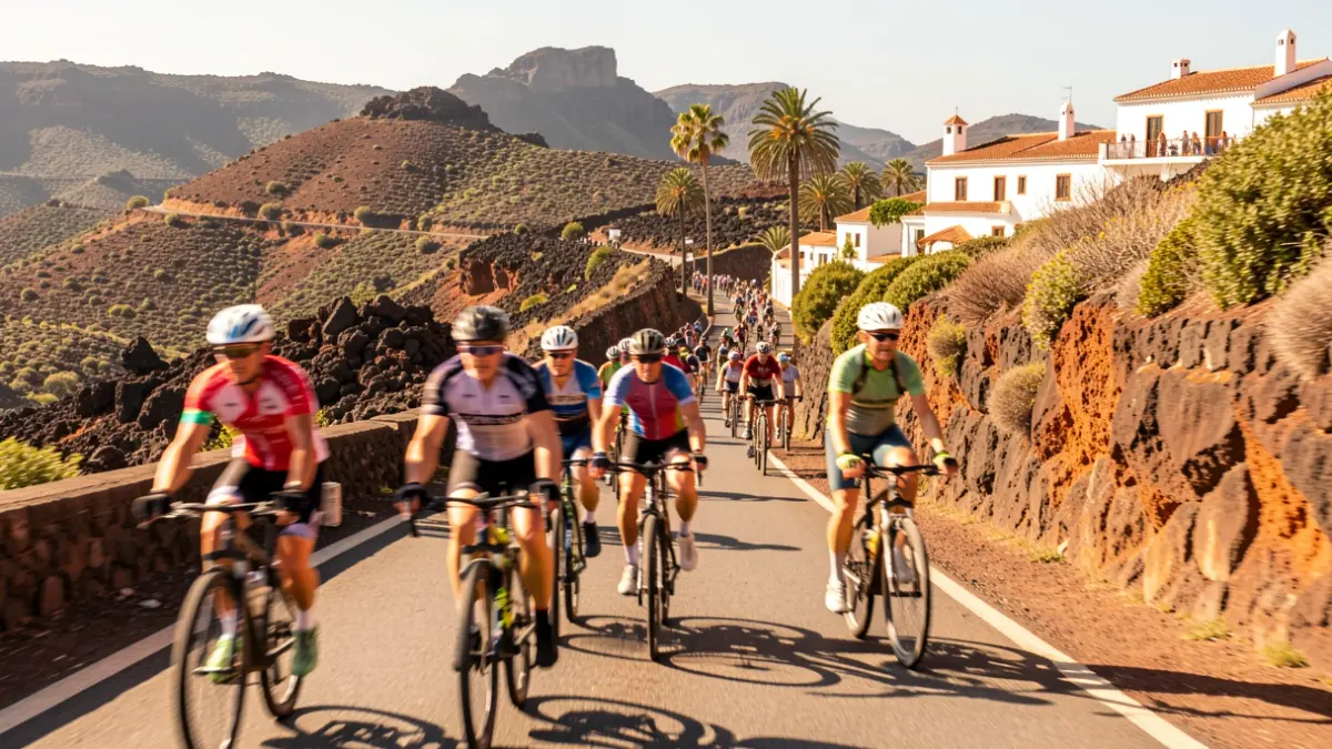 Cyclists riding on a road in Gran Canaria with volcanic landscapes and traditional architecture.