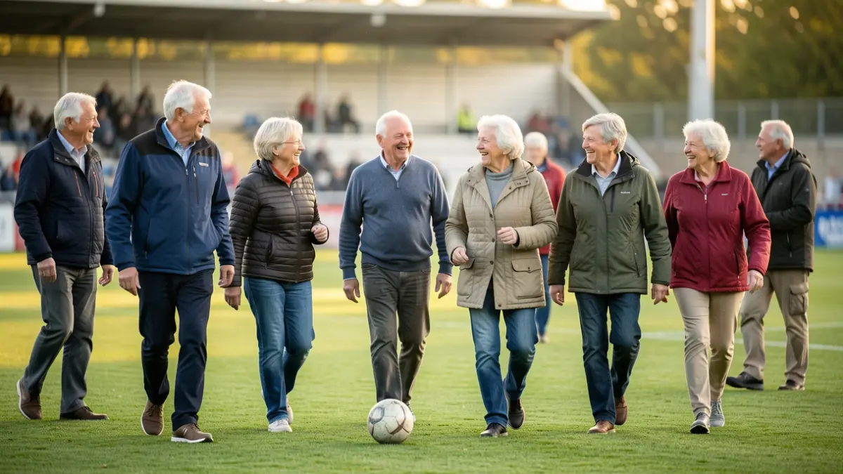 Image of elderly people playing walking football on a green field, promoting active aging.