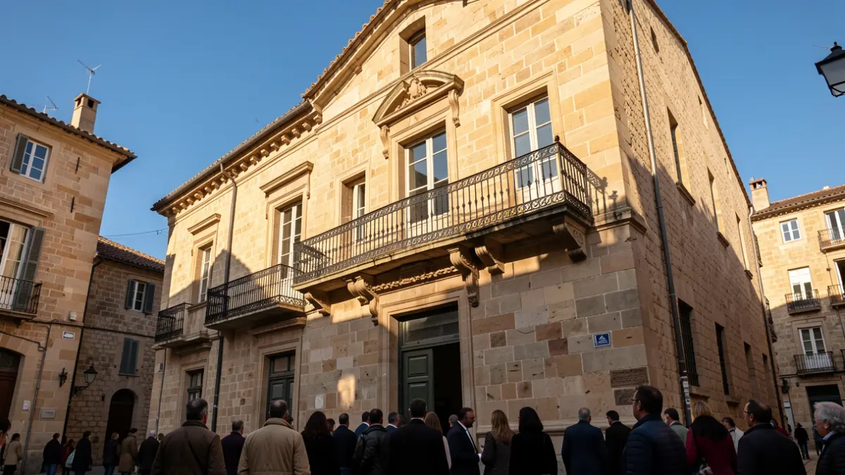 Fachada de un ayuntamiento tradicional de Canarias con balcón y barandillas de hierro, luz solar cálida de la tarde, cielo azul.