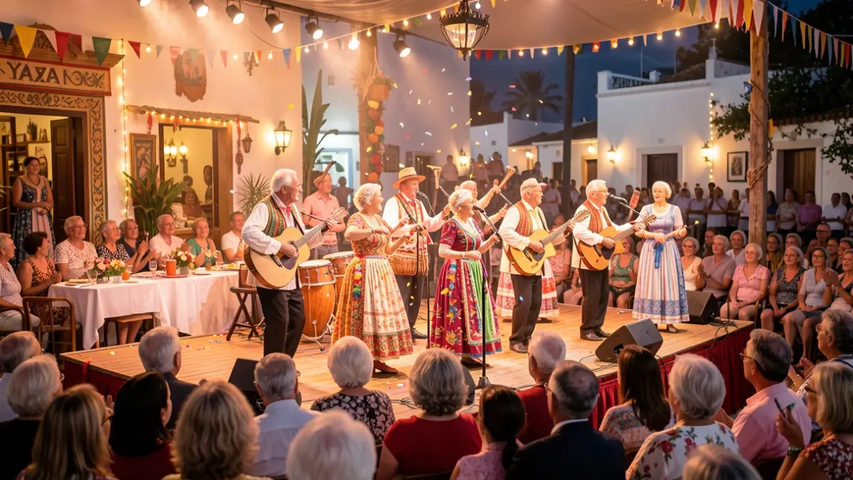 Imagen de los Mayores de Yaiza actuando en las Fiestas de Remedios, con público disfrutando.