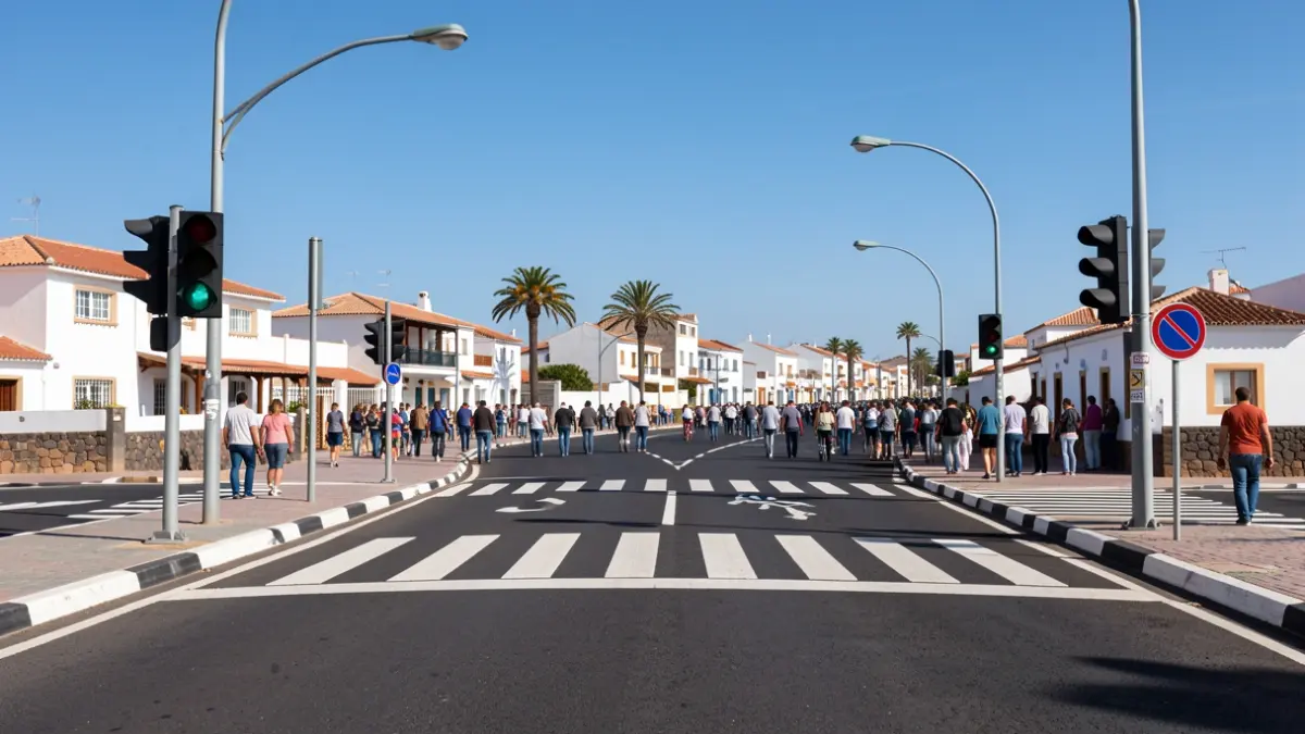 Improvement of the FV-20 road in Agua de Bueyes, Fuerteventura, with a new pedestrian crossing and traffic lights.
