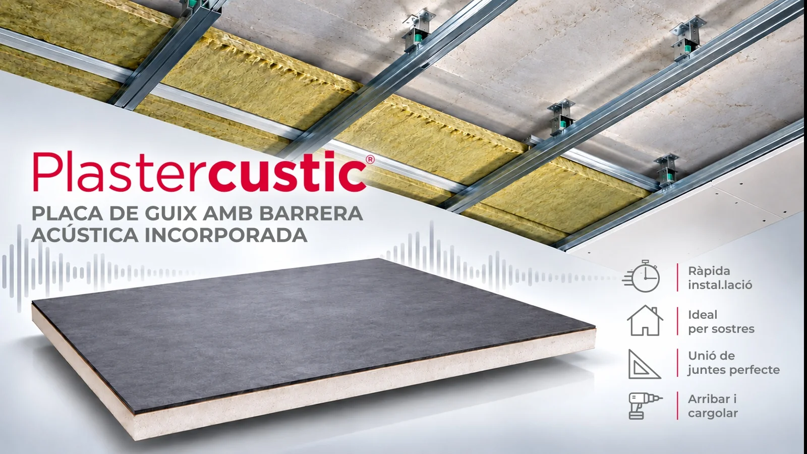 PLASTERCUSTIC placa de yeso con barrera acústica incorporada