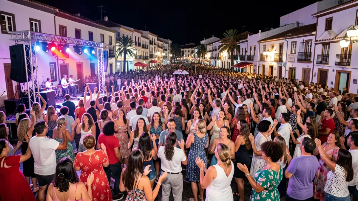 Imagen genérica de una multitud festiva bailando bajo luces de escenario en una plaza de pueblo.