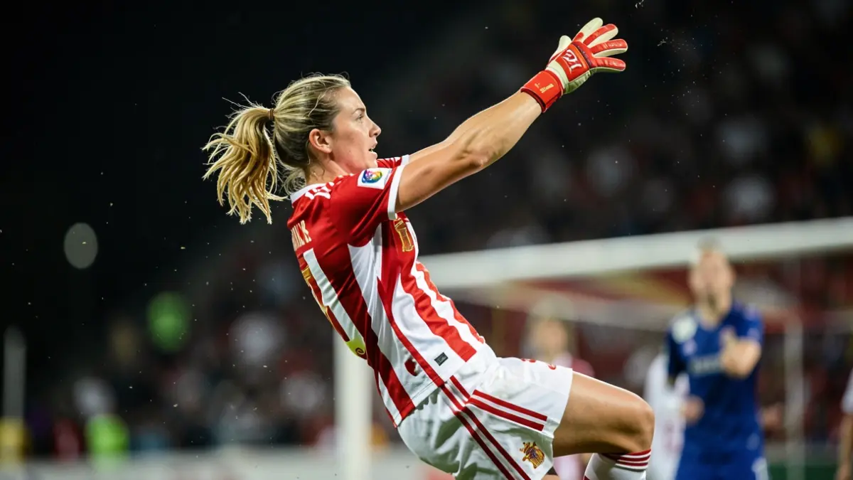 Female Spanish national football team goalkeeper making a save during a night match.