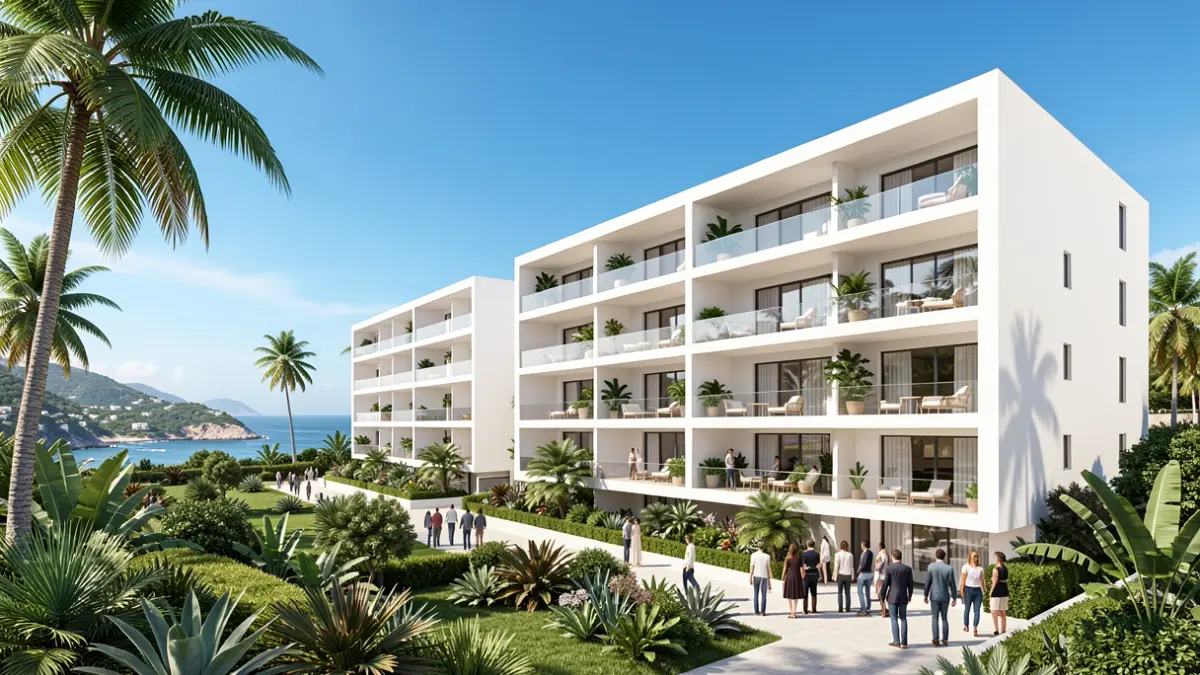 Representación arquitectónica de un complejo de apartamentos de lujo en una zona turística.