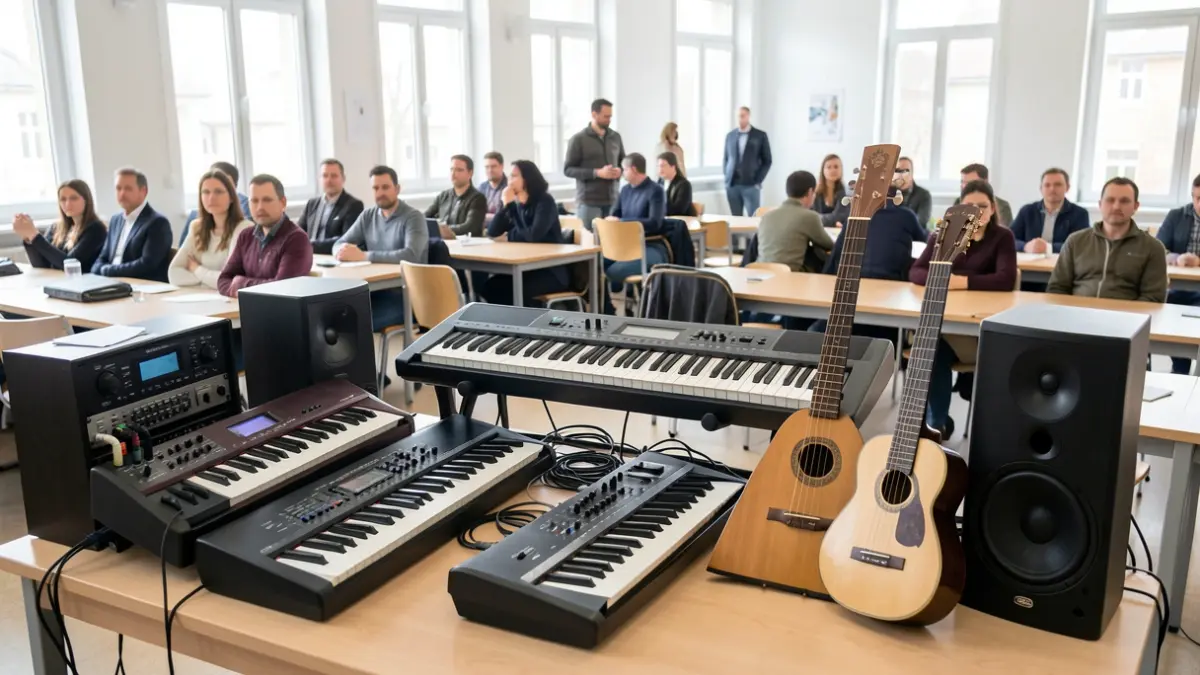 Image of new musical instruments and sound equipment in a classroom.