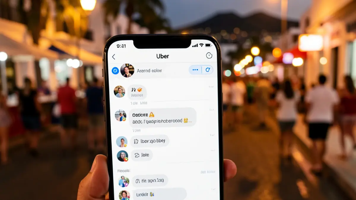 Pantalla de móvil con grupo de mensajería 'Uber' y fondo de ocio nocturno en Arrecife.