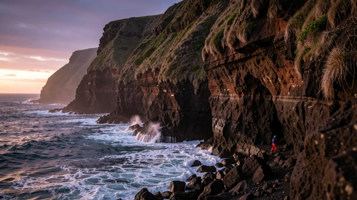 Generic image of a coastal cliffside in La Palma at dusk, with a blurred figure near the water.